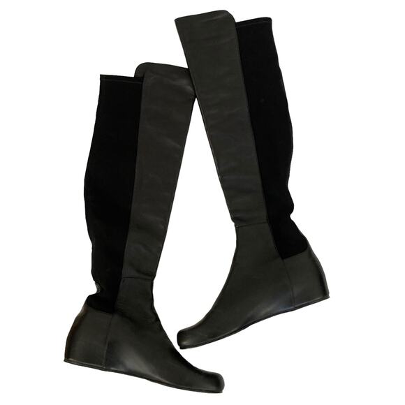 Stuart Weitzman Black Leather Wedge Tall Boots Sz 10.5 - Picture 2 of 7